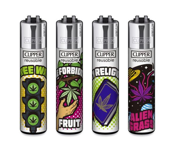 Clipper CLASSIC Large – Weed Laws 4er Set mit Free Way, The Forbidden Fruit, My Religion und Alien Grass; nachfüllbar, Softflame, Stopfhilfe.
